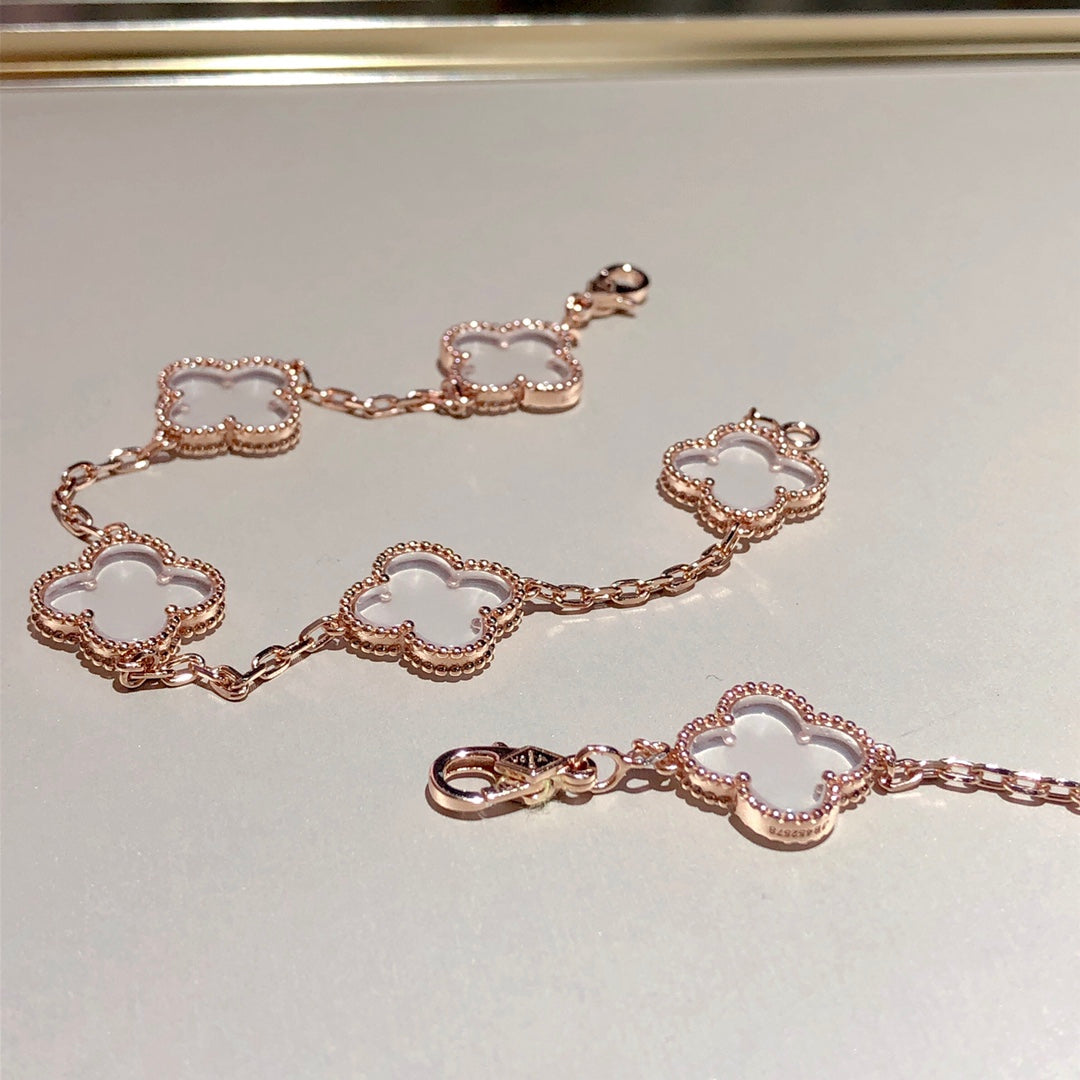 [BLUE TEARS]CLOVER 5 MOTIF ROCK CRYSTAL PINK GOLD BRACELET