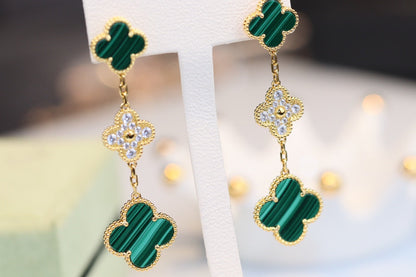 [BLUE TEARS]CLOVER EARRINGS GOLD MALACHITE DIAMOND 3 MOTIF