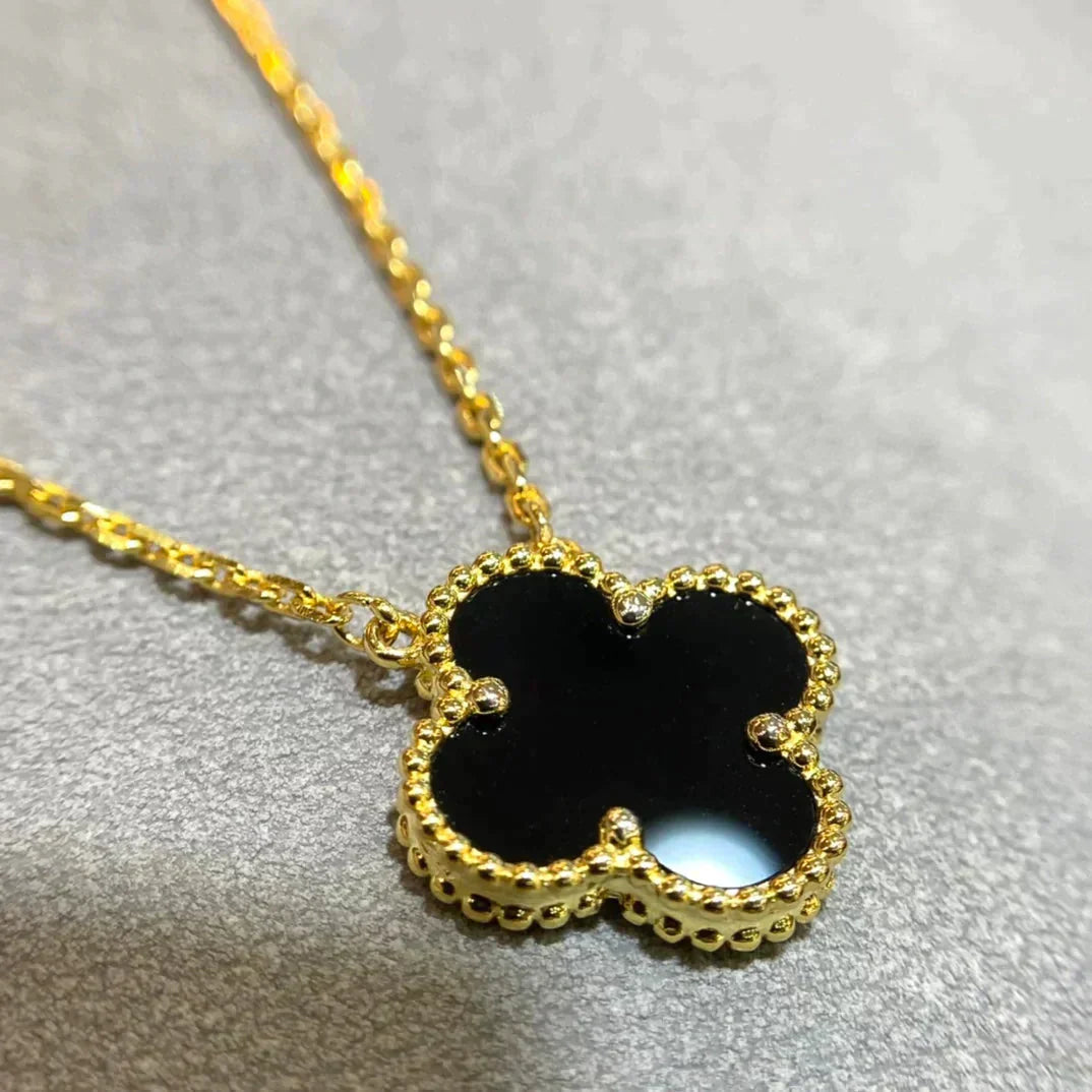 [BLUE TEARS]CLOVER 15MM BLACK ONYX SINGLE FLOWER NECKLACE