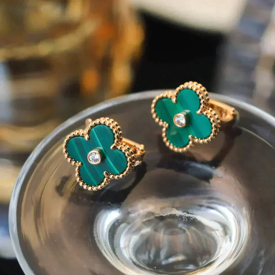 [BLUE TEARS]CLOVER MEDIUM 1 MOTIFS MALACHITE DIAMOND EARRINGS