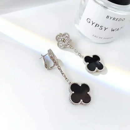 [BLUE TEARS]CLOVER 2 MOTIFS  DIAMOND ONYX EARRINGS SILVER