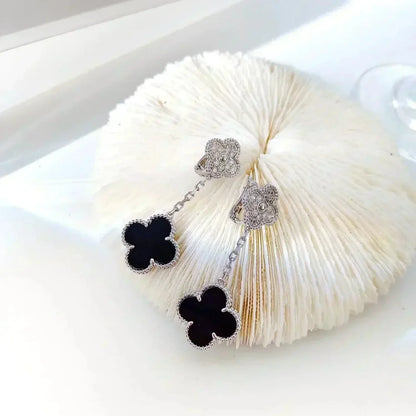 [BLUE TEARS]CLOVER 2 MOTIFS  DIAMOND ONYX EARRINGS SILVER