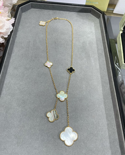[BLUE TEARS]CLOVER 6 MOTIF MOP ONYX GOLD NECKLACE