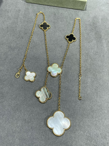[BLUE TEARS]CLOVER 6 MOTIF MOP ONYX GOLD NECKLACE
