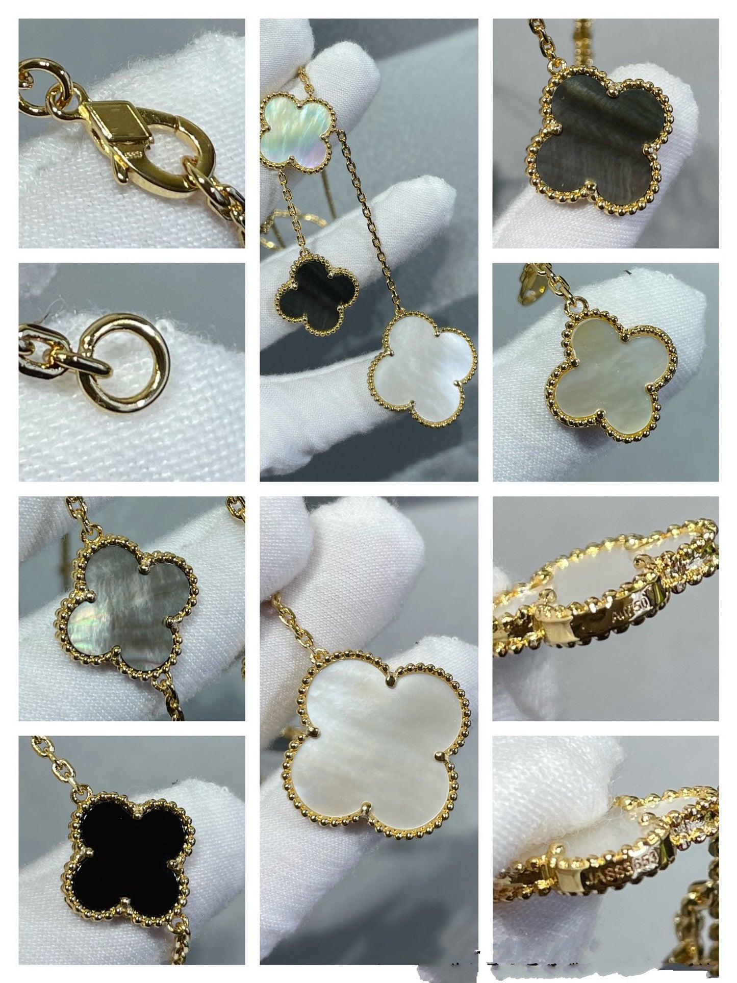 [BLUE TEARS]CLOVER 6 MOTIF MOP ONYX GOLD NECKLACE