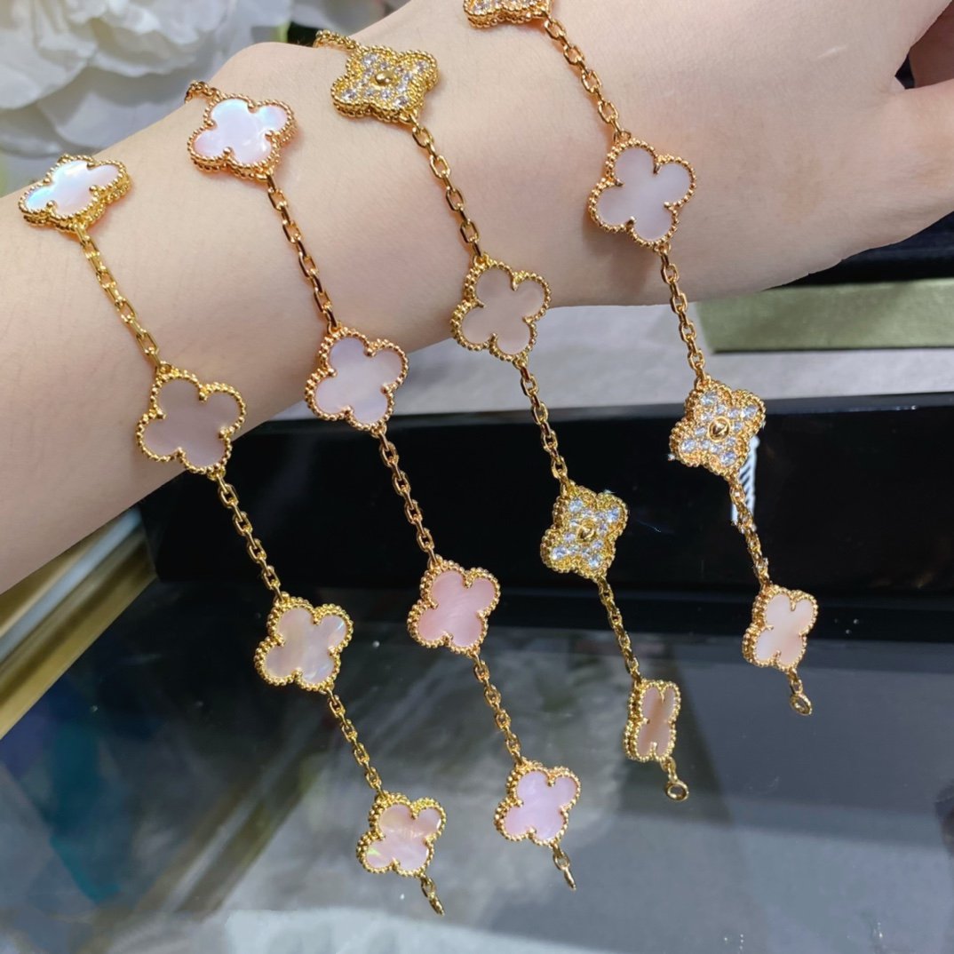[BLUE TEARS]CLOVER 5 MOTIF DIAMOND PINK MOP PINK GOLD BRACELET