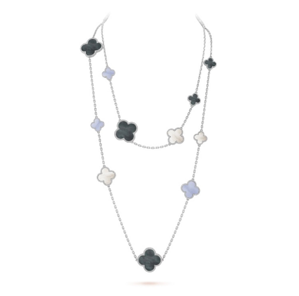 [BLUE TEARS]CLOVER 16 MOTIF CHALCEDONY MOP SILVER NECKLACE