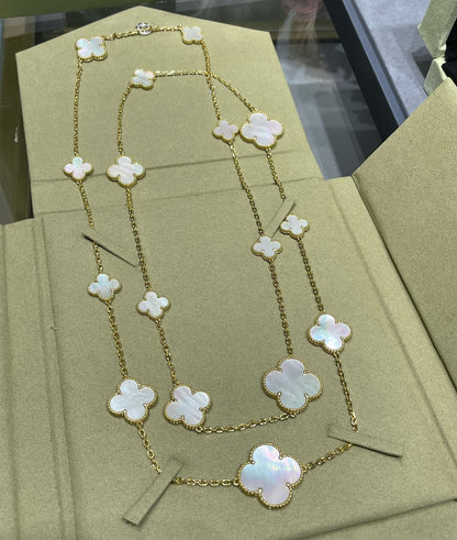 [BLUE TEARS]CLOVER 16 MOTIF WHITE MOP GOLD NECKLACE
