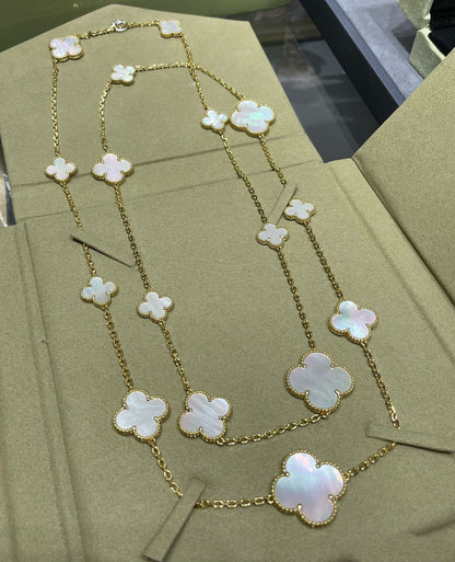 [BLUE TEARS]CLOVER 16 MOTIF WHITE MOP GOLD NECKLACE