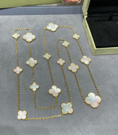 [BLUE TEARS]CLOVER 16 MOTIF WHITE MOP GOLD NECKLACE
