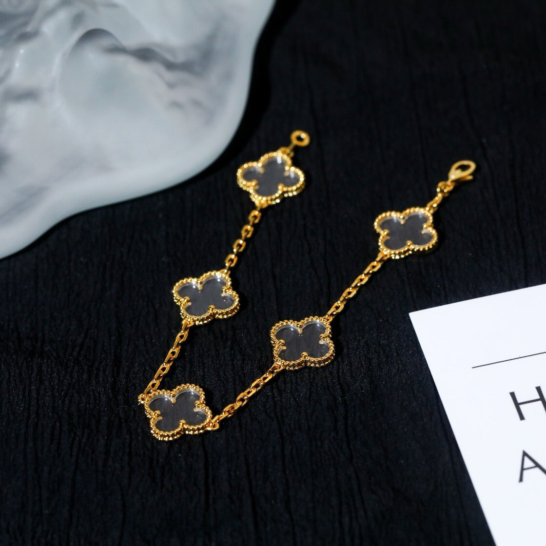 [BLUE TEARS]CLOVER 5 MOTIF ROCK CRYSTAL PINK GOLD BRACELET