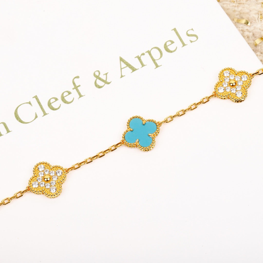 [BLUE TEARS]CLOVER 5 MOTIF TURQUOISE DIAMOND GOLD BRACELET