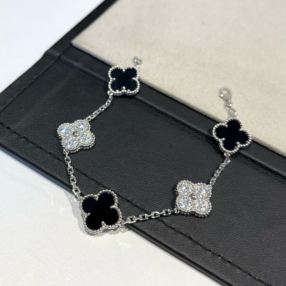 [BLUE TEARS]CLOVER 5 MOTIF ONYXS DIAMOND BRACELET SILVER