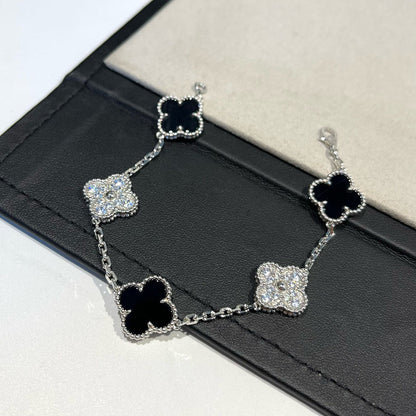 [BLUE TEARS]CLOVER 5 MOTIF ONYXS DIAMOND BRACELET SILVER