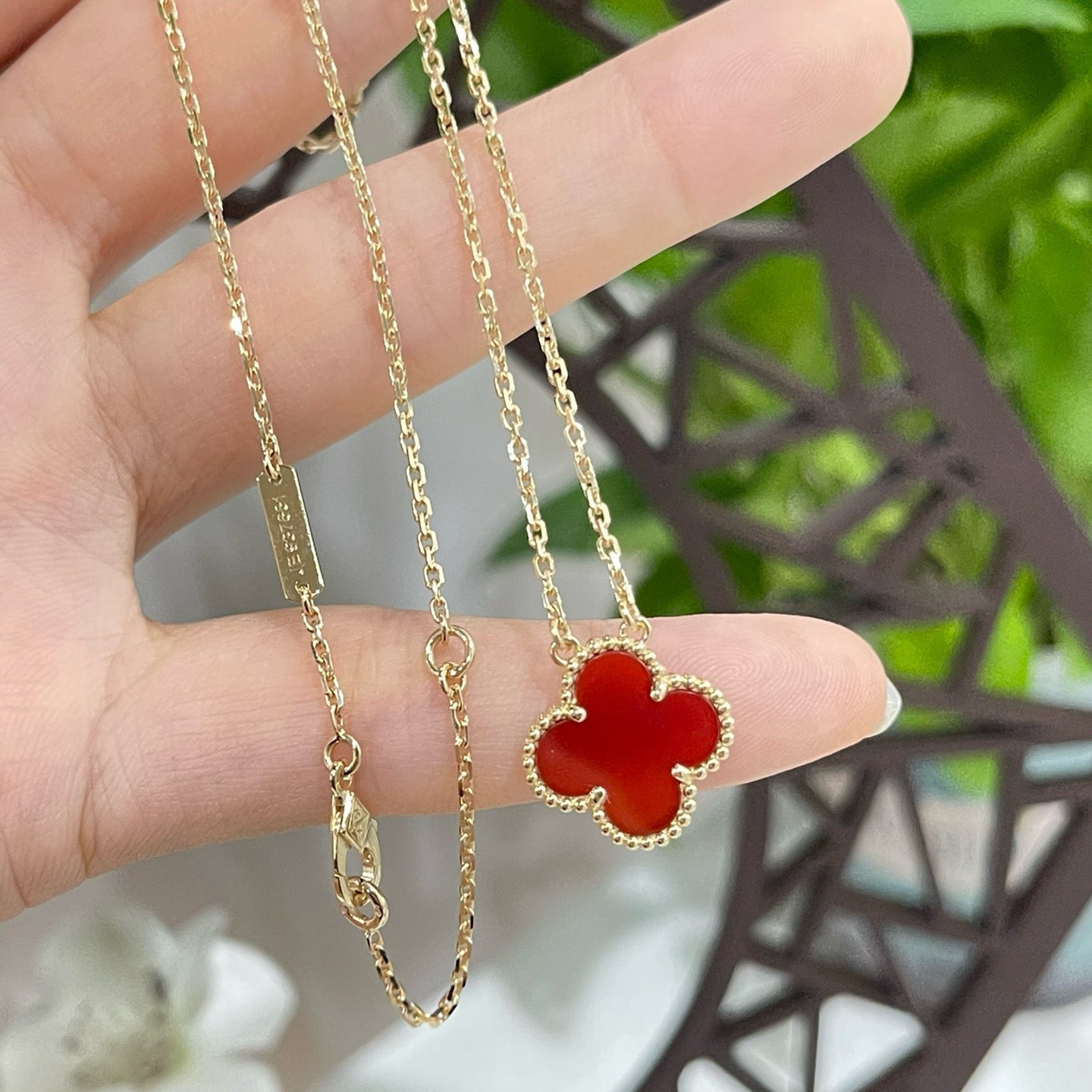 [BLUE TEARS]CLOVER 15MM CARNELIAN SINGLE FLOWER NECKLACE