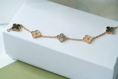 [BLUE TEARS]CLOVER 5 MOTIFS DARK MOP AND DIAMONDS PINK GOLD BRACELET
